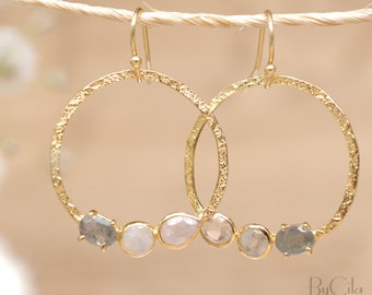 Labradorite, Rainbow Moonstone & Rose Quartz Earrings Gold Plated * Geometric * Empty Circle * Handmade Gemstone * Dangle * Gold * BJE094