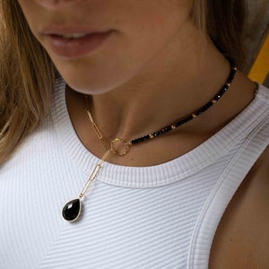 Black Onyx * Tear Drop * Lariat Necklace * Gold * Gemstone * Statement * Bycila *Bridesmaid * BJN053