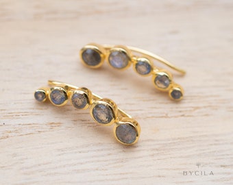 Labradorite Ear Climber Earrings* Gold Plated 18k * Post * Statement *Everyday *Lightweight * bohemian * ByCila * BJE258