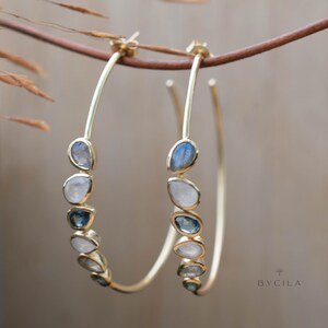 Labradorite, Moonstone and Iolite hydro Earrings Gold Plated 18k * Earrings * Hoop * Multi-stones  * Handmade * Gemstone * BJE246