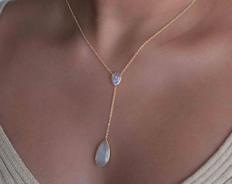 Moonstone, Labradorite or  Aqua Chalcedony Y Necklace* Gold Plated 18K Necklace * Handmade * Layered * Bridesmaid Gift *Gift for her* BJN043