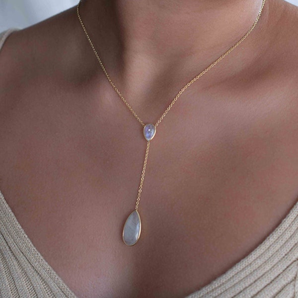 Moonstone, Labradorite or  Aqua Chalcedony Y Necklace* Gold Plated 18K Necklace * Handmade * Layered * Bridesmaid Gift *Gift for her* BJN043