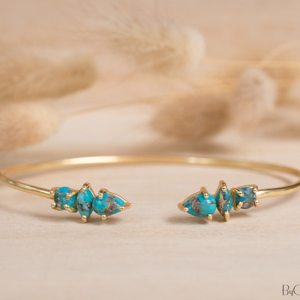 Copper Turquoise Bangle Bracelet * Gold Plated * Gemstone * Gypsy * Adjustable * Statement *  Stacking * Layering * BJB035