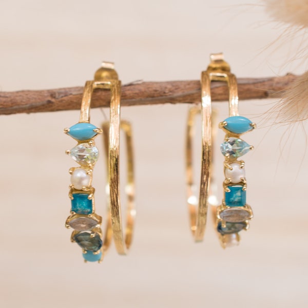 Turquoise, Blue Topaz, Pearl, Green White Jade, Labradorite & Iolite hydro Hoop Gold Earrings * Handmade * Boho * Modern * BJE105