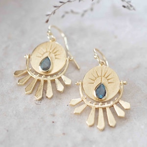 Labradorite Logo Gold Round Earrings Gold Plated 18K Gemstone Earrings Handmade Boho Dangle Modern BJE213 image 1