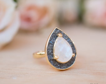 Mosaic Labradorite & Moonstone Ring *18k Gold Plated Ring * Statement Ring *Gemstone Ring *Bridal Ring *Organic Ring *Natural * BJR173