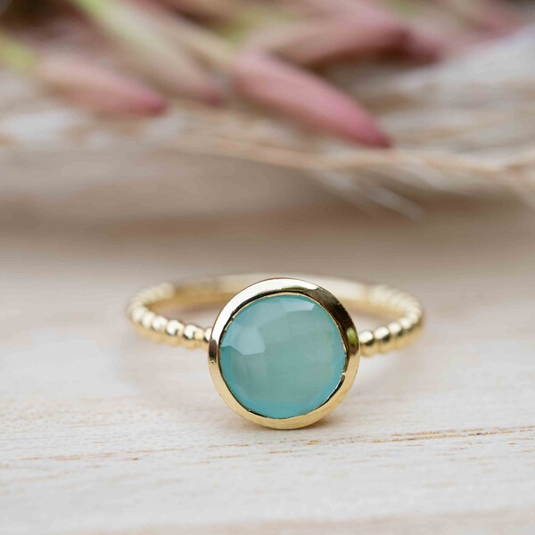 Gold Plated 18k Aqua Chalcedony * Gemstone Ring * Handmade * Statement * Natural * Organic*Gift for her*Jewelry*Bycila*May Birthstone*BJR222