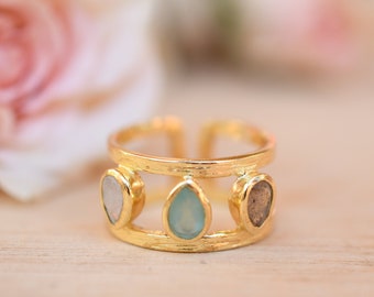Moonstone, Aqua Chalcedony & Labradorite Ring * 18k Gold Plated Ring * Statement Ring *Gemstone Ring * handmade *Adjustable * Boho BJR179