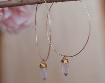 Rose Quartz  Hoops Gold Filled or Sterling Silver Earrings * Handmade * boho * Gemstone * Hoops * gift for her * Large * ByCia * BJE101A