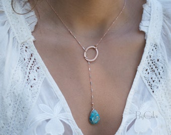 Copper Turquoise Rose Gold Filled * Tear Drop * Lariat Necklace * Rose Gold * Silver *Mix Metals *Gemstone  *Bycila *Bridesmaid BJN060