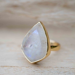 Moonstone Gold Plated Ring *  Statement Ring * Gemstone Ring * Rainbow Moonstone * Gold Ring  * Large Ring Statement * BJR256