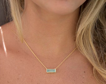 Aqua Chalcedony Rectangle Bar Necklace * Gold Vermeil, Rose Gold Plated or Sterling Silver 925 * Handmade * Layered * Gemstone *BJN029A