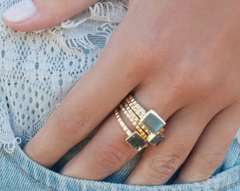 Labradorite, Black Diamond and Plain Band Rings * Gold Ring * Gold Labradorite Ring * Gold Plated * Gemstones Ring * BJR184A