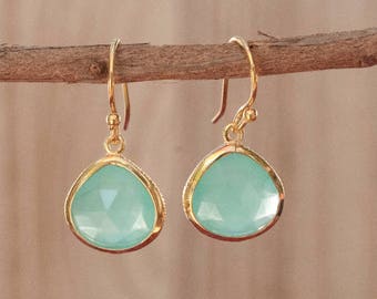 Gemstone dagger earrings triangle bezel set gemstone earrings Aqua Chalcedony Earrings silver flower earrings Art Deco flower earrings
