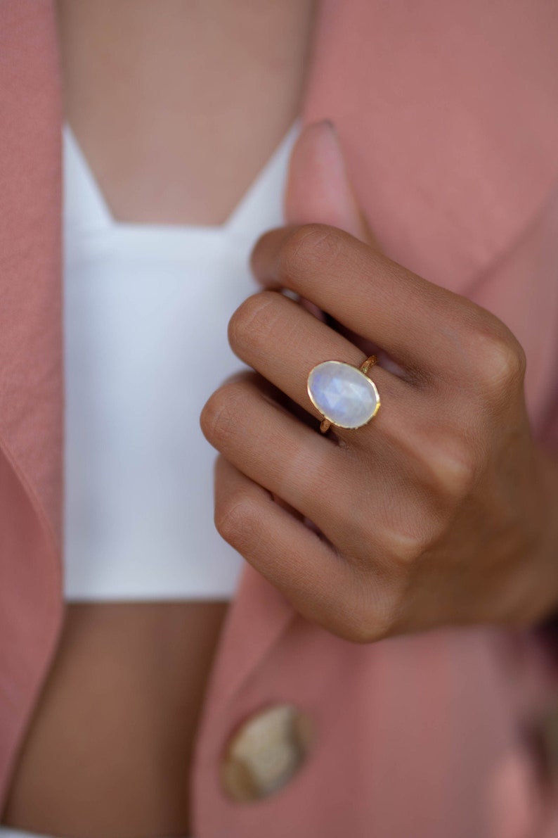 Moonstone Gold Plated Ring Statement Ring Gemstone Ring Rainbow Moonstone Gold Ring BJR241 image 1