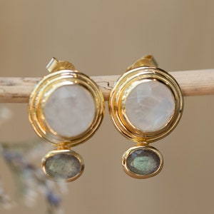 Labradorite & Moonstone Hoop Gold Plated 18k  * Stud* Post* Labradorite *Handmade* ByCila *Loop* BJE165