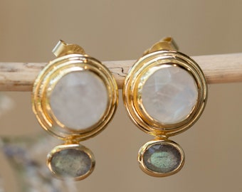 Labradorite & Moonstone Hoop Gold Plated 18k  * Stud* Post* Labradorite *Handmade* ByCila *Loop* BJE165