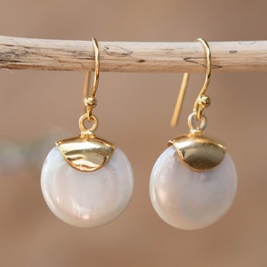 Fresh Water Pearl Earrings Handmade Gemstone Gold Modern Gold Vermeil ByCila BJE164 image 5