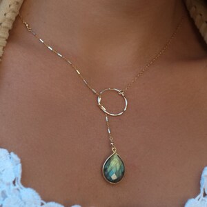 Rainbow Labradorite * Tear Drop * Lariat Necklace * Gold * Silver * Mix Metals * Gemstone * Statement * Bycila *Bridesmaid * BJN001-1G