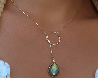 Rainbow Labradorite * Tear Drop * Lariat Necklace * Gold * Silver * Mix Metals * Gemstone * Statement * Bycila *Bridesmaid * BJN001-1G