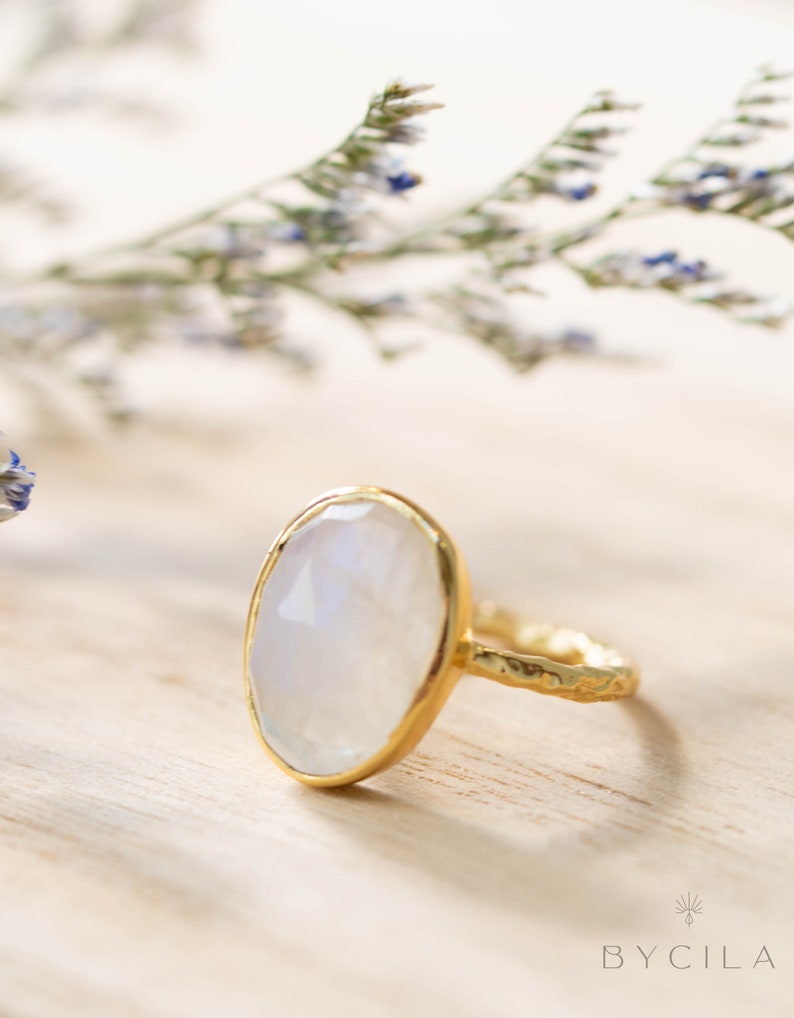 Moonstone Gold Plated Ring Statement Ring Gemstone Ring Rainbow Moonstone Gold Ring BJR241 image 6