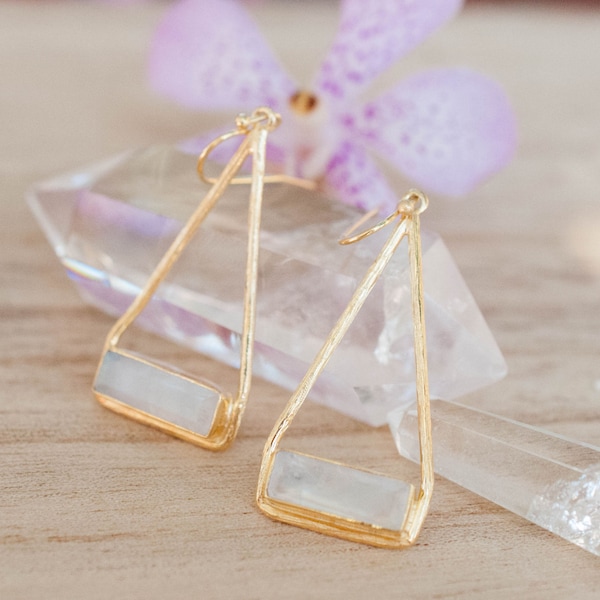 Moonstone Earrings Gold Plated 18k or Silver Plated or Rose Gold Plated* Dangle * Gemstone *Lightweight * Triangulum * Geometric * BJE001A