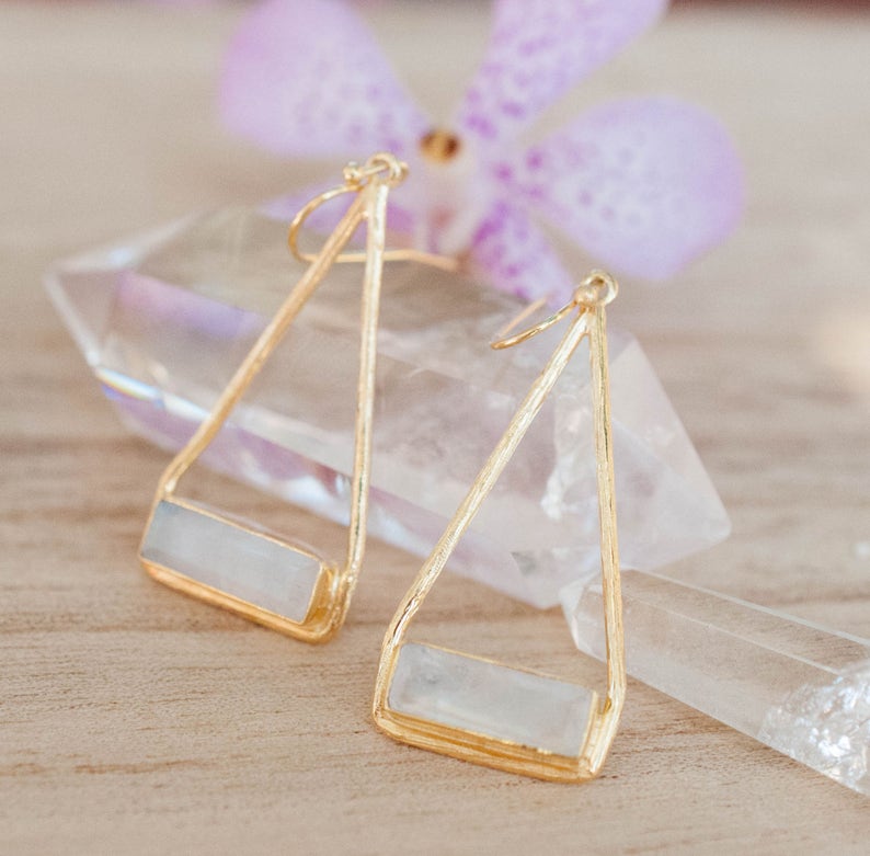 Moonstone Earrings Gold Plated 18k or Silver Plated or Rose Gold Plated Dangle Gemstone Lightweight Triangulum Geometric BJE001A Gold Plated