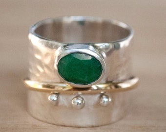 Emerald Ring * Meditation * Spinner * Spinning * Anxiety * Hammered * Worry * Boho * Spin * Thick Band * Sterling Silver * Bronze BJS022