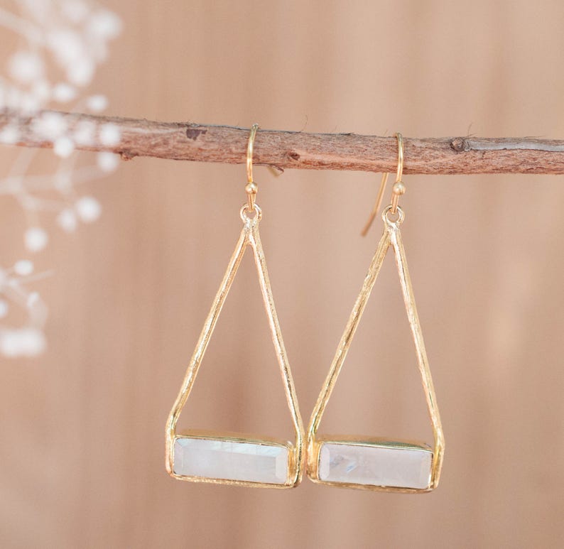 Moonstone Earrings Gold Plated 18k or Silver Plated or Rose Gold Plated Dangle Gemstone Lightweight Triangulum Geometric BJE001A image 4