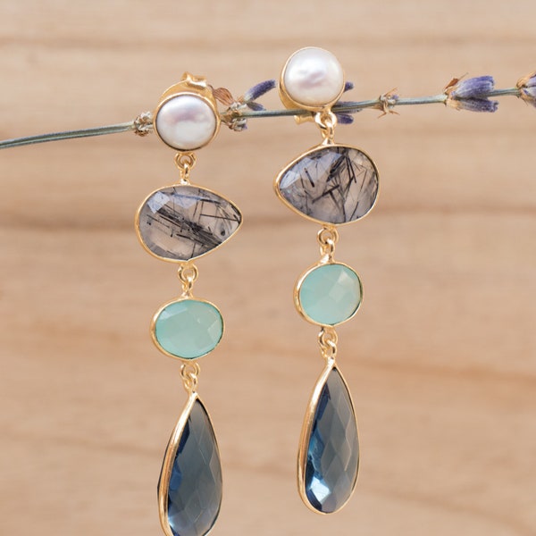 Pearl, Black Tourmaline Quartz, Aqua Chalcedony & Iolite hydro Earrings Gold Plated 18k  * Multi-stones * Gold * Handmade Gemstone * BJE088