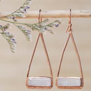 Moonstone Earrings Gold Plated 18k or Silver Plated or Rose Gold Plated Dangle Gemstone Lightweight Triangulum Geometric BJE001A Rose Gold Plated