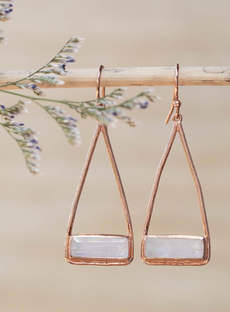 Moonstone Earrings Gold Plated 18k or Silver Plated or Rose Gold Plated Dangle Gemstone Lightweight Triangulum Geometric BJE001A Rose Gold Plated