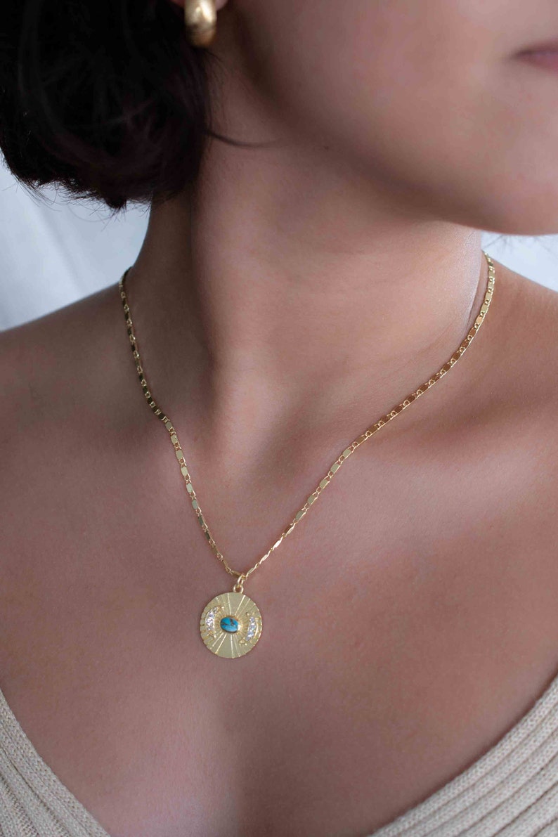 Half Moon CZ and Labradorite, Moonstone or Copper Turquoise Necklace Gold Plated 18k Handmade Bohemian Layered Modern BJN145 image 6