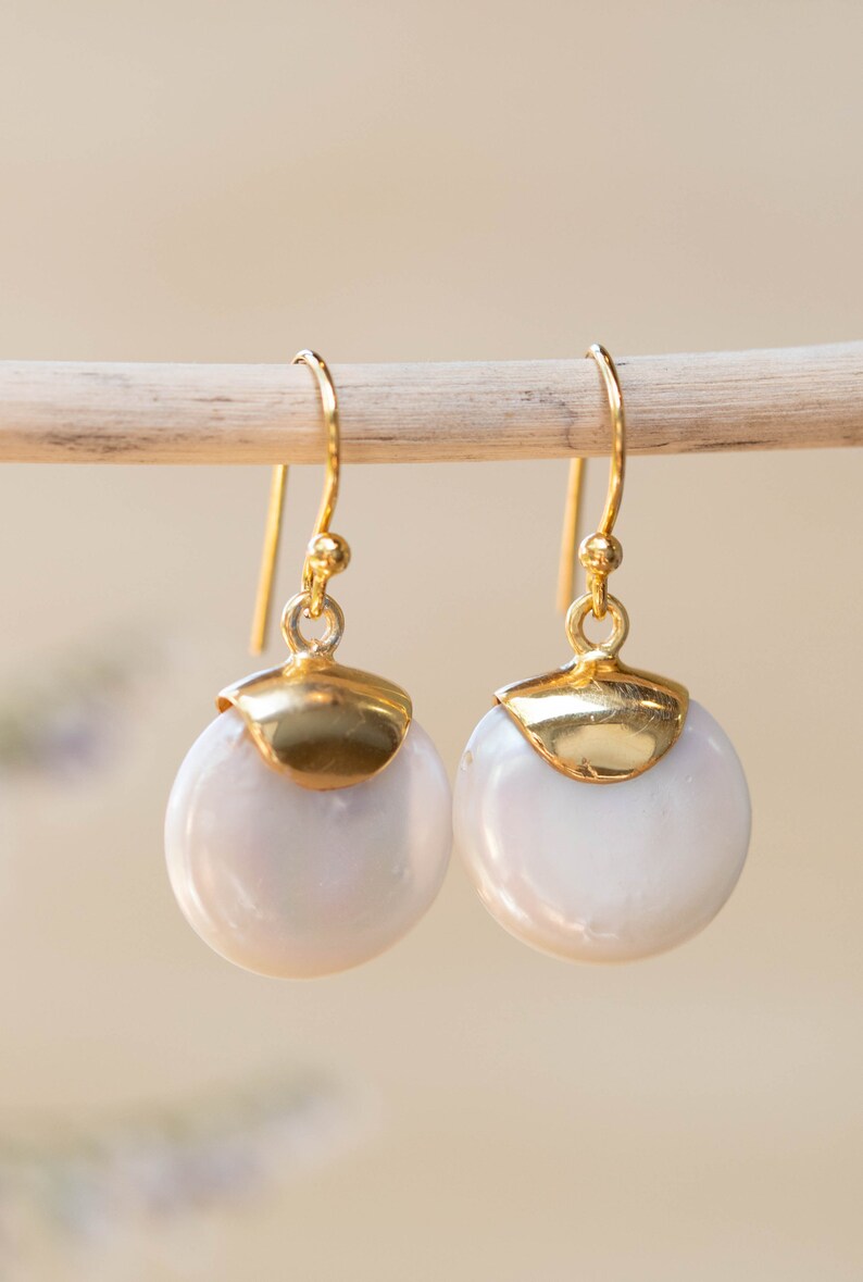 Fresh Water Pearl Earrings Handmade Gemstone Gold Modern Gold Vermeil ByCila BJE164 image 3