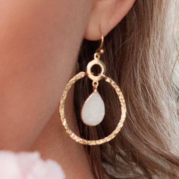 White Druzy Gold Plated 18k Earrings * Geometric * Empty Circle * Handmade Gemstone * ByCila* Tear Drop * Dangle  * Boho * Gift* BJE023