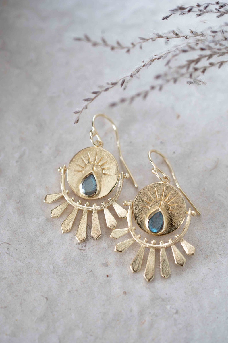 Labradorite Logo Gold Round Earrings Gold Plated 18K Gemstone Earrings Handmade Boho Dangle Modern BJE213 image 3