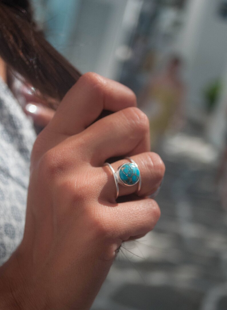 Turquoise Ring Sterling Silver 925 Statement Gemstone Copper Turquoise Organic Ocean Blue Natural Handmade Thin Band BJR002 image 8