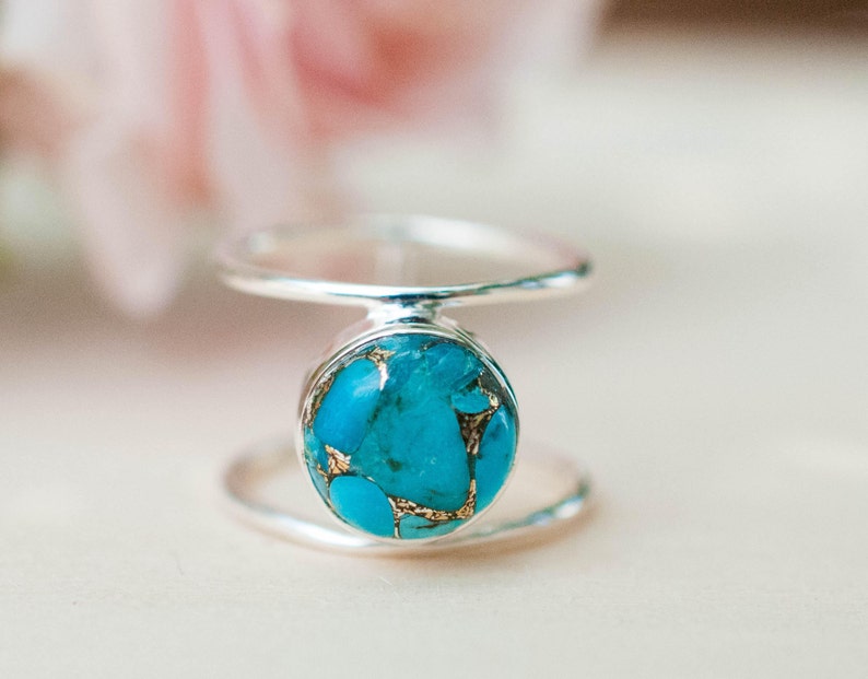 Turquoise Ring Sterling Silver 925 Statement Gemstone Copper Turquoise Organic Ocean Blue Natural Handmade Thin Band BJR002 image 1