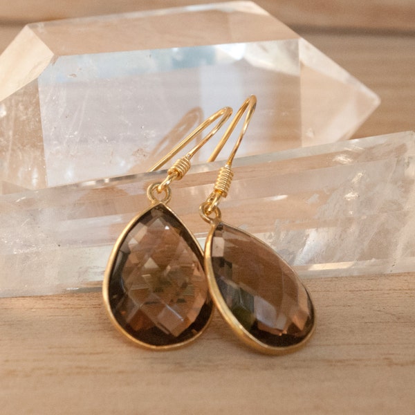 Smoky Quartz Gold vermeil Earrings * Dangle Earrings * Wedding * Gemstone * Semi Precious Stone * bohemian * Faceted * ByCila * BJE143