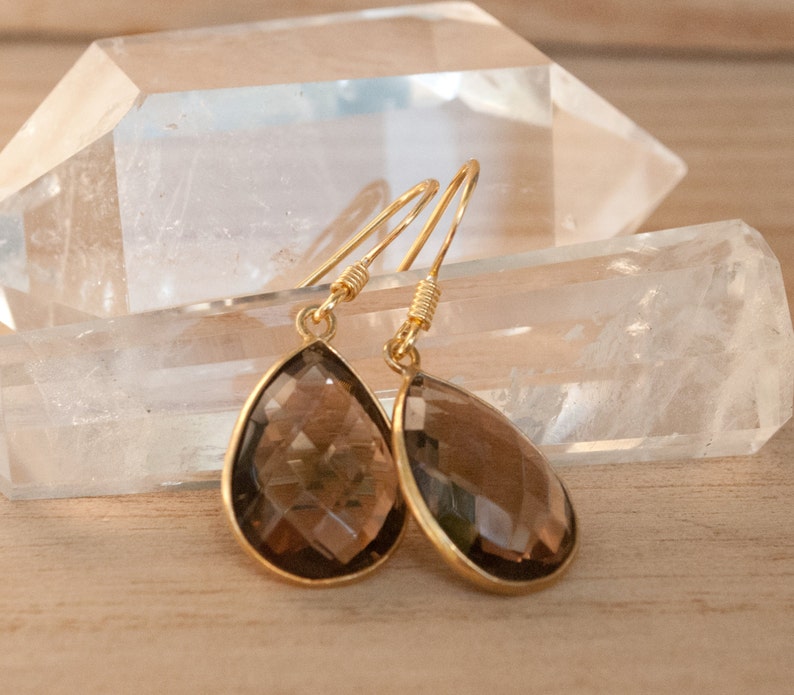 Smoky Quartz Gold vermeil Earrings Dangle Earrings Wedding Gemstone Semi Precious Stone bohemian Faceted ByCila BJE143 image 1