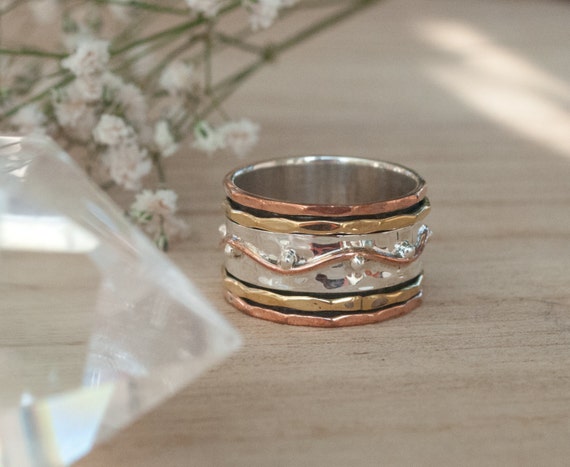 Green Turquoise Spinner Ring~Spinning~Spin~Meditation~Yoga~Anxiety~Anti Stress~Large Band~Sterling Silver 925~Mix Metals~Copper~Bronze~MS002