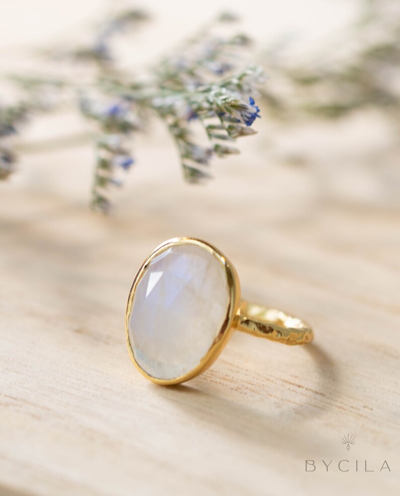 Moonstone Gold Plated Ring Statement Ring Gemstone Ring Rainbow Moonstone Gold Ring BJR241 image 2