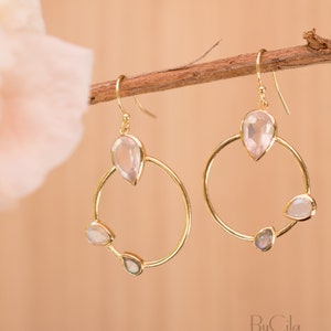 Rose Quartz, Labradorite & Moonstone Dangle Earrings Gold Plated Gemstone Earrings ByCila Handmade Boho Modern Dangle BJE120 image 4