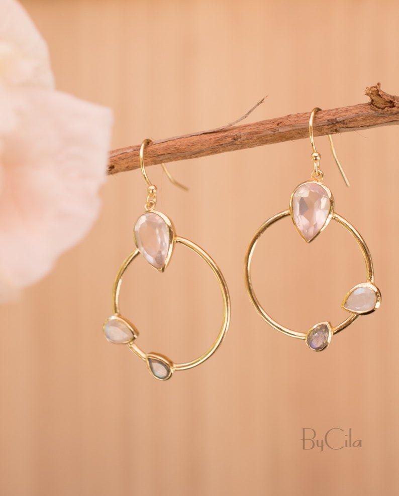 Rose Quartz, Labradorite & Moonstone Dangle Earrings Gold Plated Gemstone Earrings ByCila Handmade Boho Modern Dangle BJE120 image 4