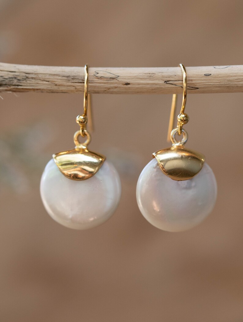 Fresh Water Pearl Earrings Handmade Gemstone Gold Modern Gold Vermeil ByCila BJE164 image 4