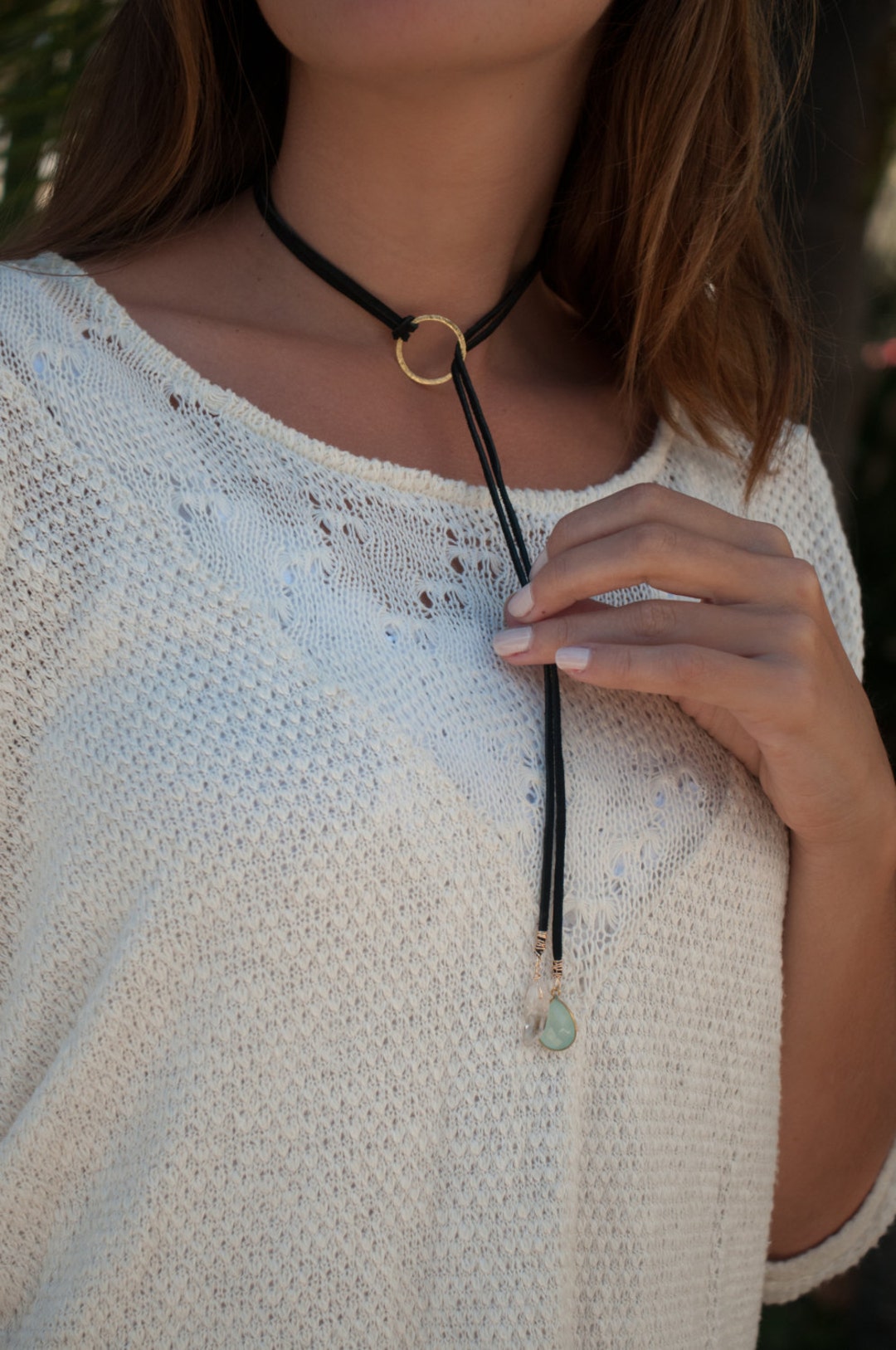Aqua Chalcedony Black Leather Choker Necklace Gemstone Boho Hippie ...