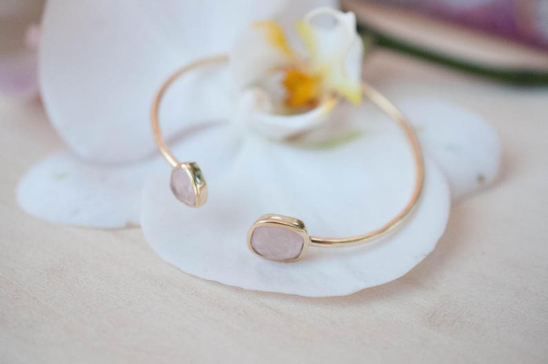 Rose Quartz Bangle Bracelet Gold Plated 18k or Silver Plated or Rose Gold Plated Gemstone Adjustable Statement Stacking BJB004A image 8