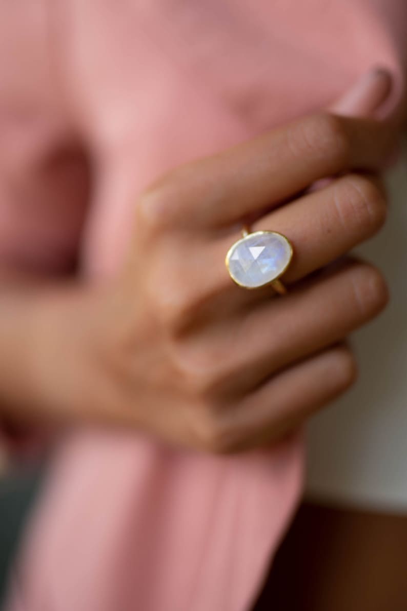 Moonstone Gold Plated Ring Statement Ring Gemstone Ring Rainbow Moonstone Gold Ring BJR241 image 3