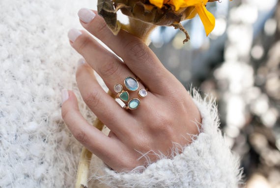 Gold Vermeil Ring Labradorite Moonstone Aqua Chalcedony gemstones Handmade  statement Natural Adjustable Gift for Her BJR139 - Etsy