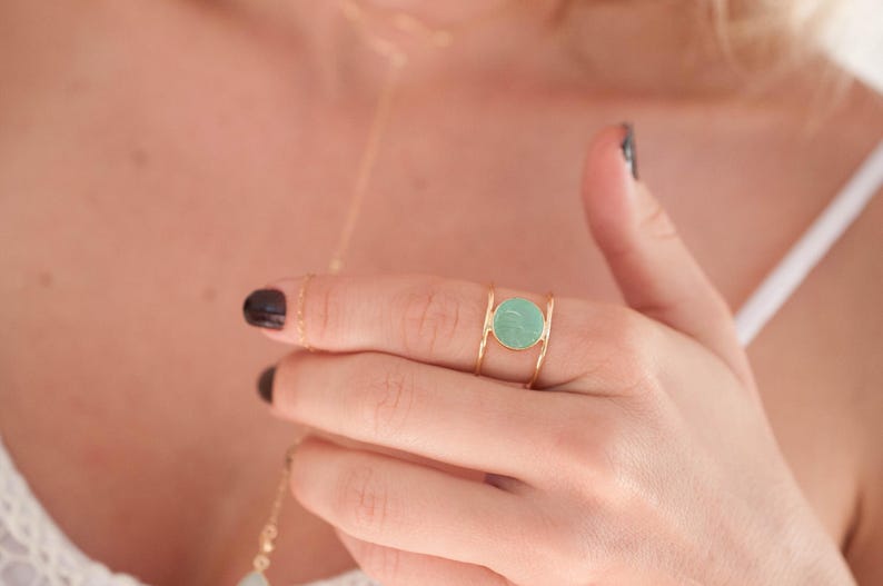 Rough Aqua Chalcedony Ring Gemstone Gold Statement Bohemian Boho Hippie Jewelry Bycila Gift fot Her Natural Raw BJR012 image 2